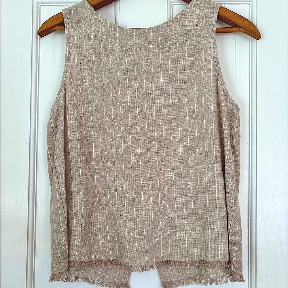 DREW Beige Striped Linen-Blend Fringe Hem Tank Top